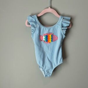 MiniBoden Toddler Girl Seersucker Fish Swimsuit 3-4Y
